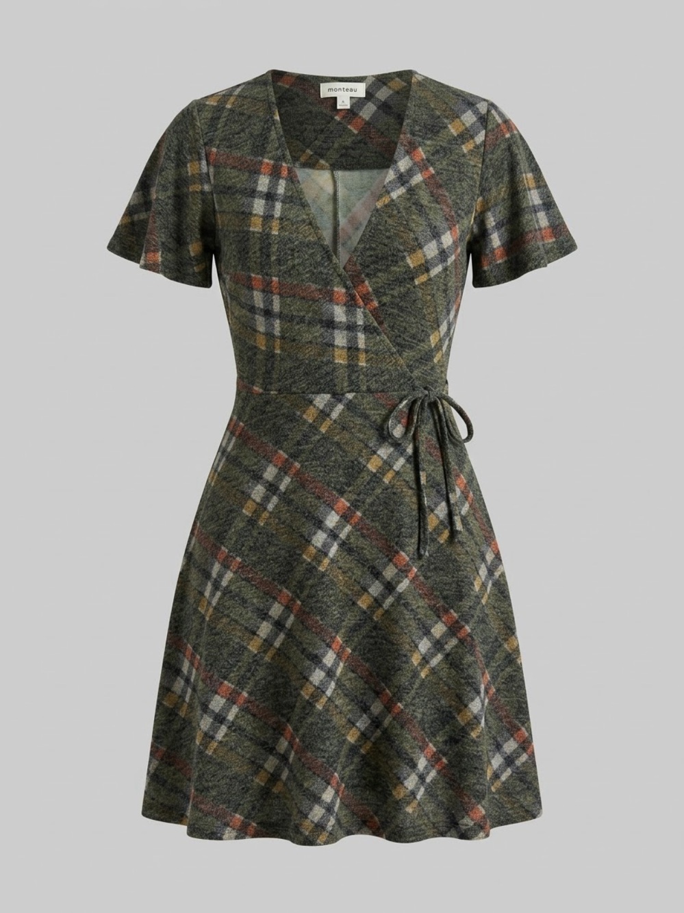 Monteau Plaid Pattern Flutter Sleeve Crossover Wrap Dress Size Small